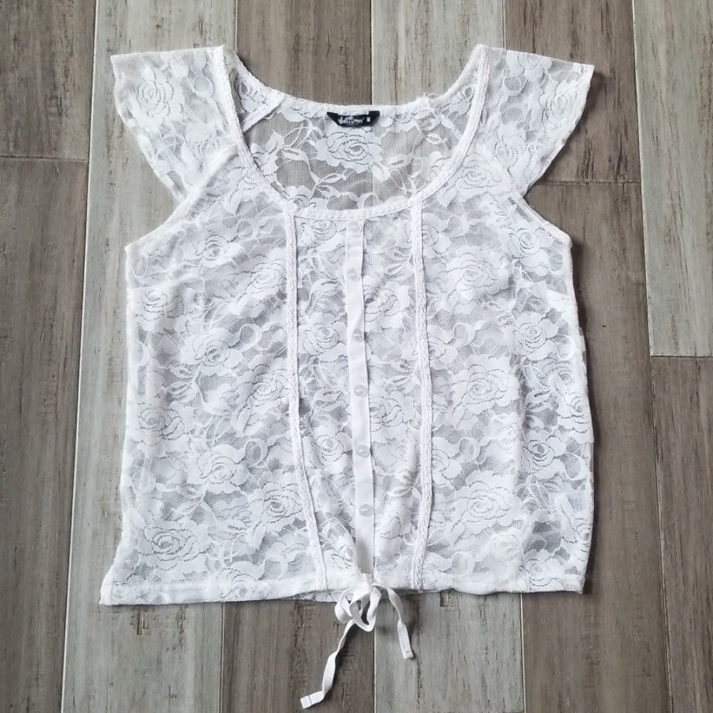 Wallflower Lace Button Down Top with Drawstring